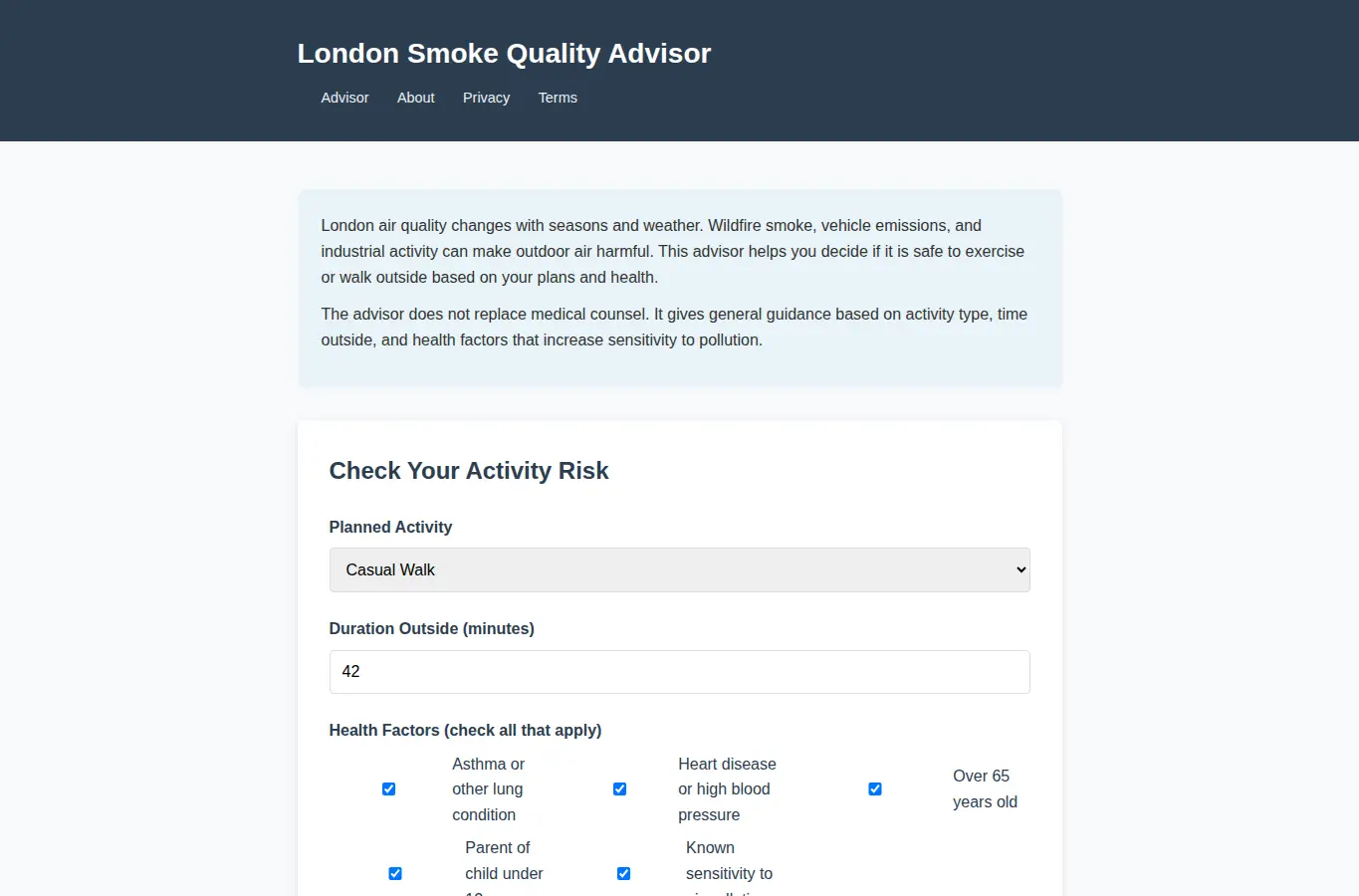 Screenshot of London Smoke Quality Advisor interface showing the project page in use